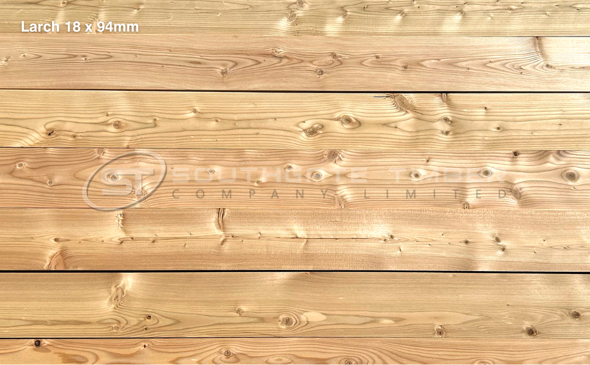 Close-up view of European Larch timber cladding boards, 18 x 94mm profile, showing natural grain patterns and warm golden tones – durable softwood cladding available from Southgate Timber.