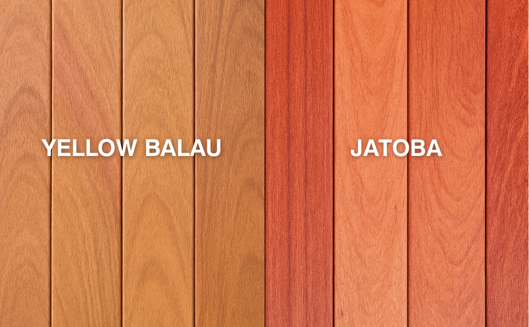 Side-by-side comparison of Yellow Balau decking and Jatoba decking boards, showing the golden-brown tones of Yellow Balau versus the rich reddish hues of Jatoba, highlighting the natural colour differences for hardwood decking choices.