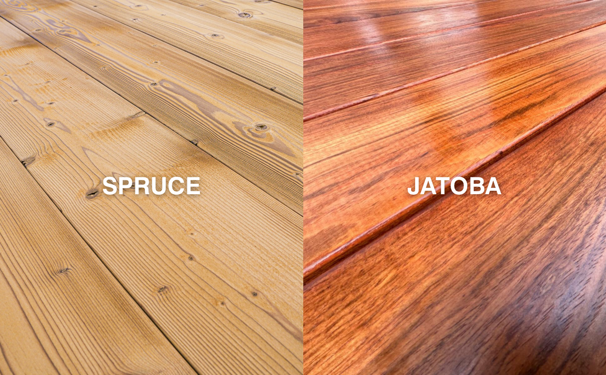 Comparison of spruce softwood decking and Jatoba hardwood decking boards