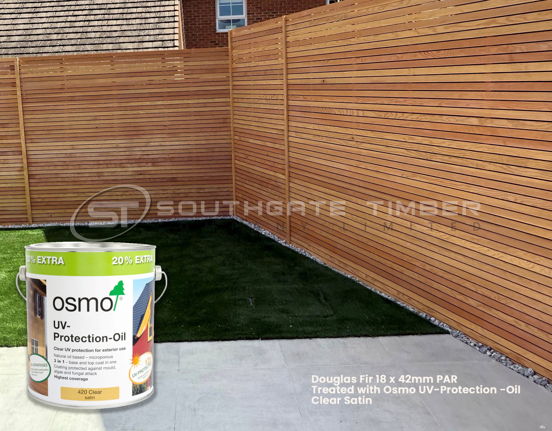 Modern garden fence built with Douglas Fir 18 x 42mm PAR battens, treated with Osmo UV-Protection Oil Clear Satin for durability and long-lasting natural finish – supplied by Southgate Timber.