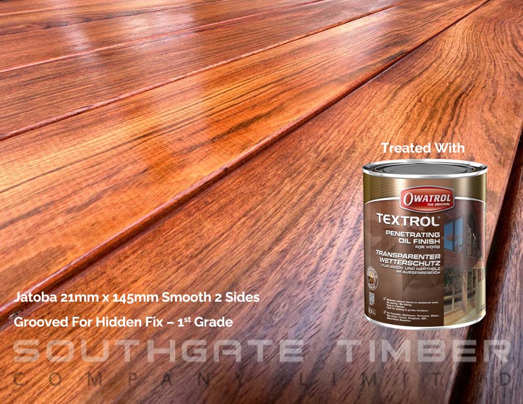 Jatoba hardwood decking boards 21mm x 145mm smooth 2 sides, grooved for hidden fixings and treated with Owatrol Textrol penetrating oil finish for enhanced colour and durability.