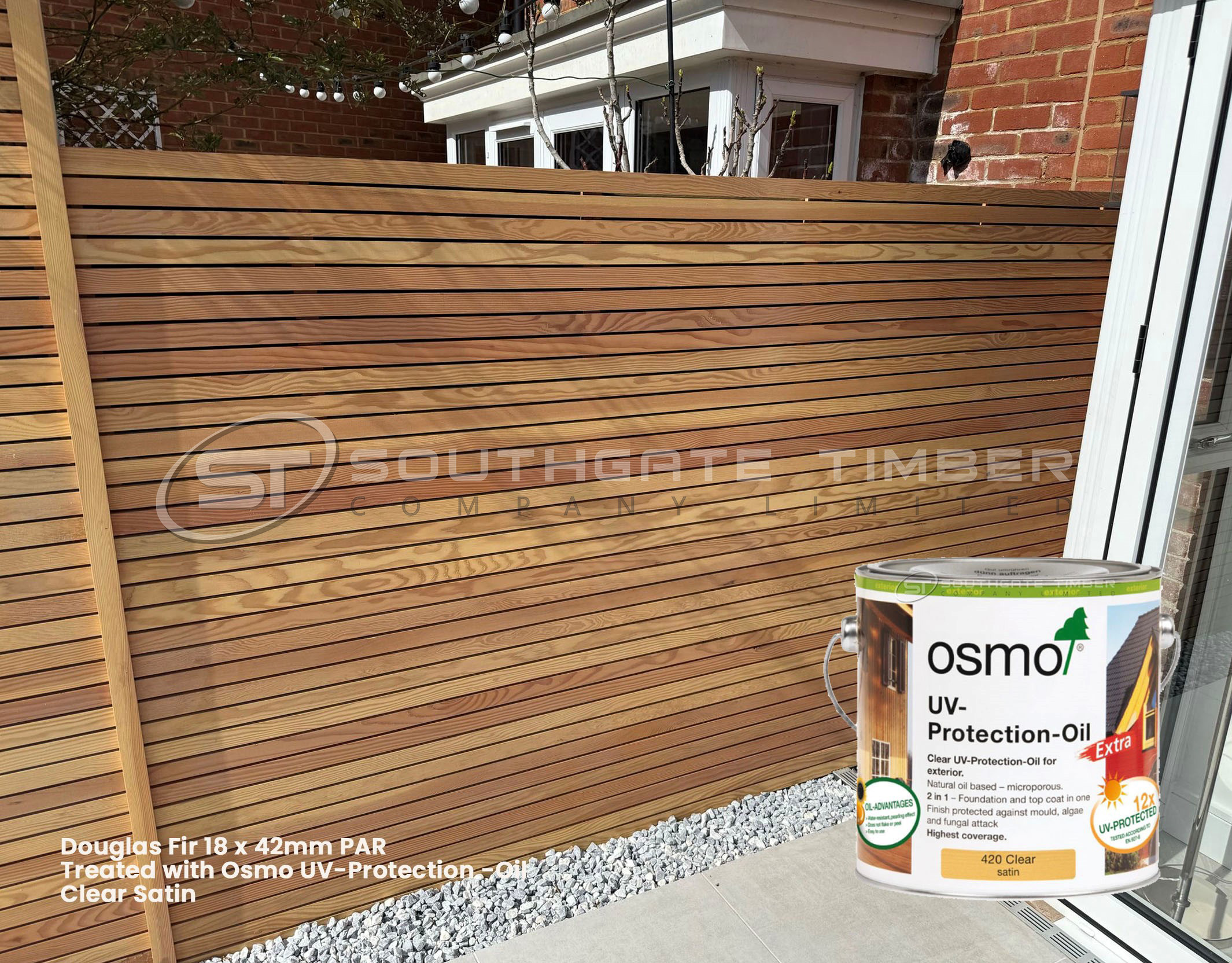 Douglas Fir 18 x 42mm PAR battens installed as horizontal slatted garden fencing, treated with Osmo UV-Protection Oil Clear Satin for enhanced durability and a natural warm finish, supplied by Southgate Timber.