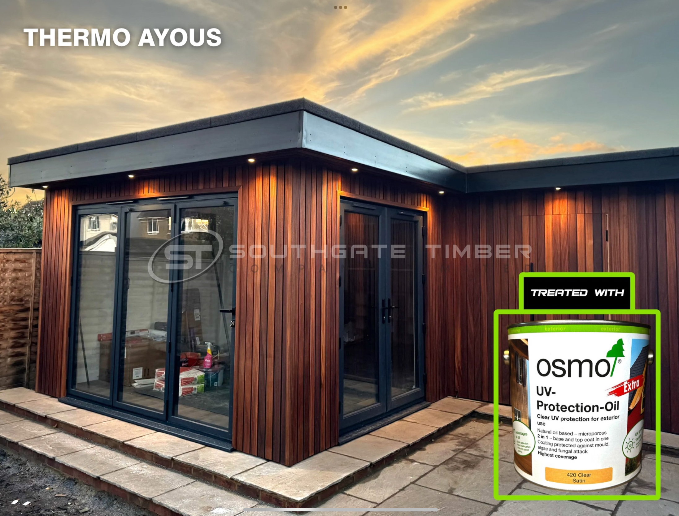 Thermo Ayous cladding used on a modern garden room exterior, featuring vertical timber boards with a deep, rich colour and contemporary architectural detailing.