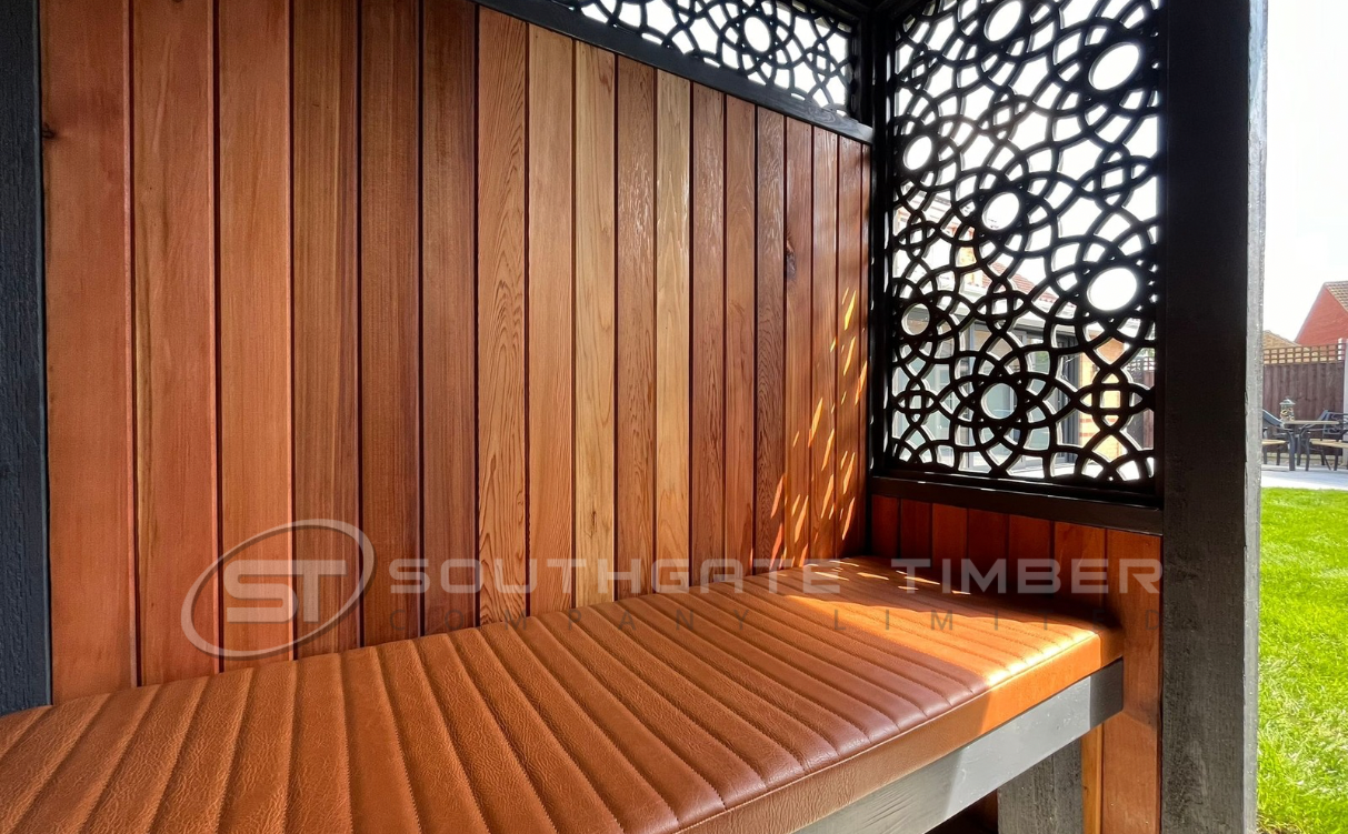 Western Red Cedar vertical timber cladding used in a modern garden seating area