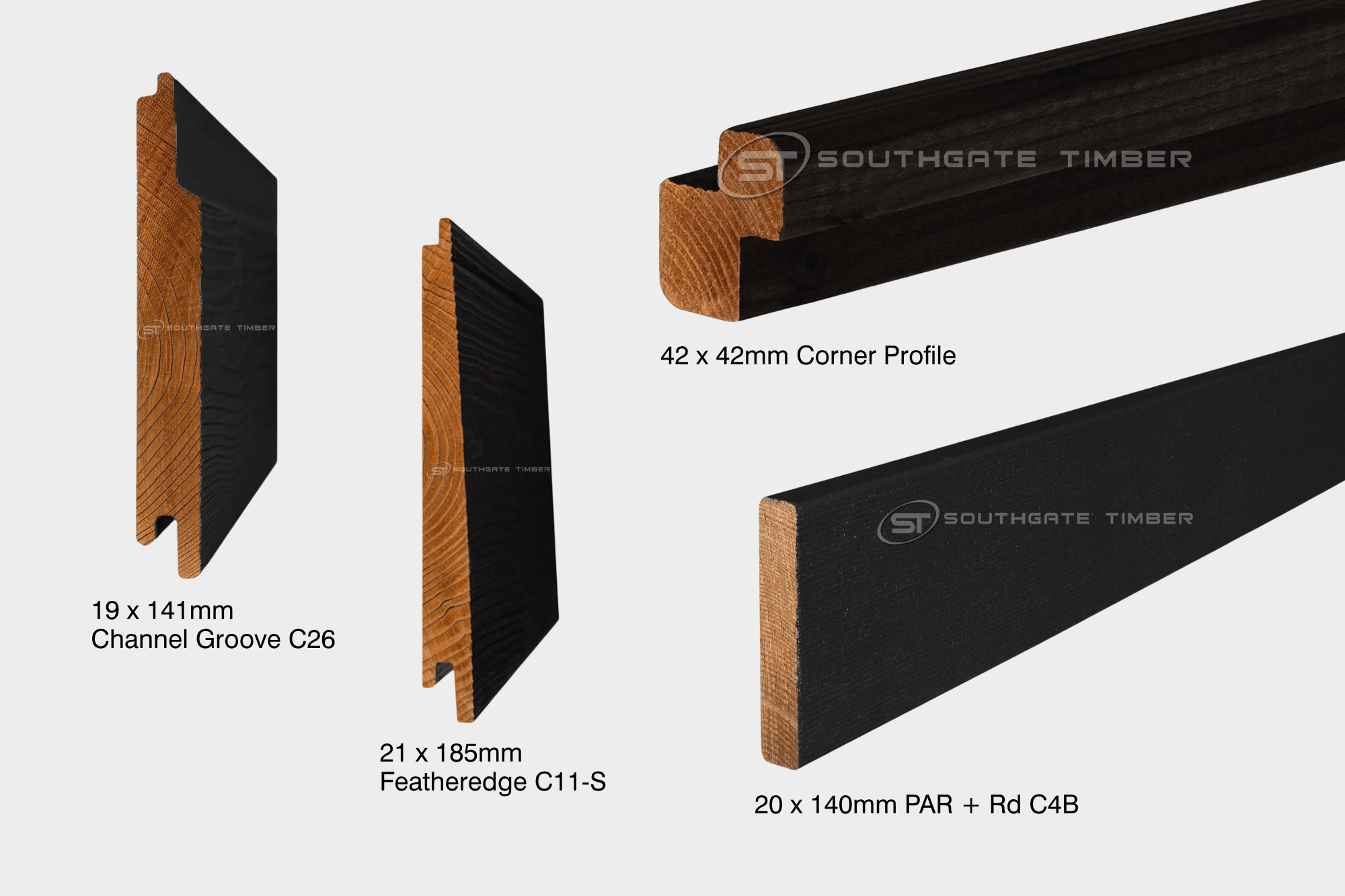 Diagram of black cladding profiles: Channel Groove, Featheredge, PAR+Rd and Corner Profile