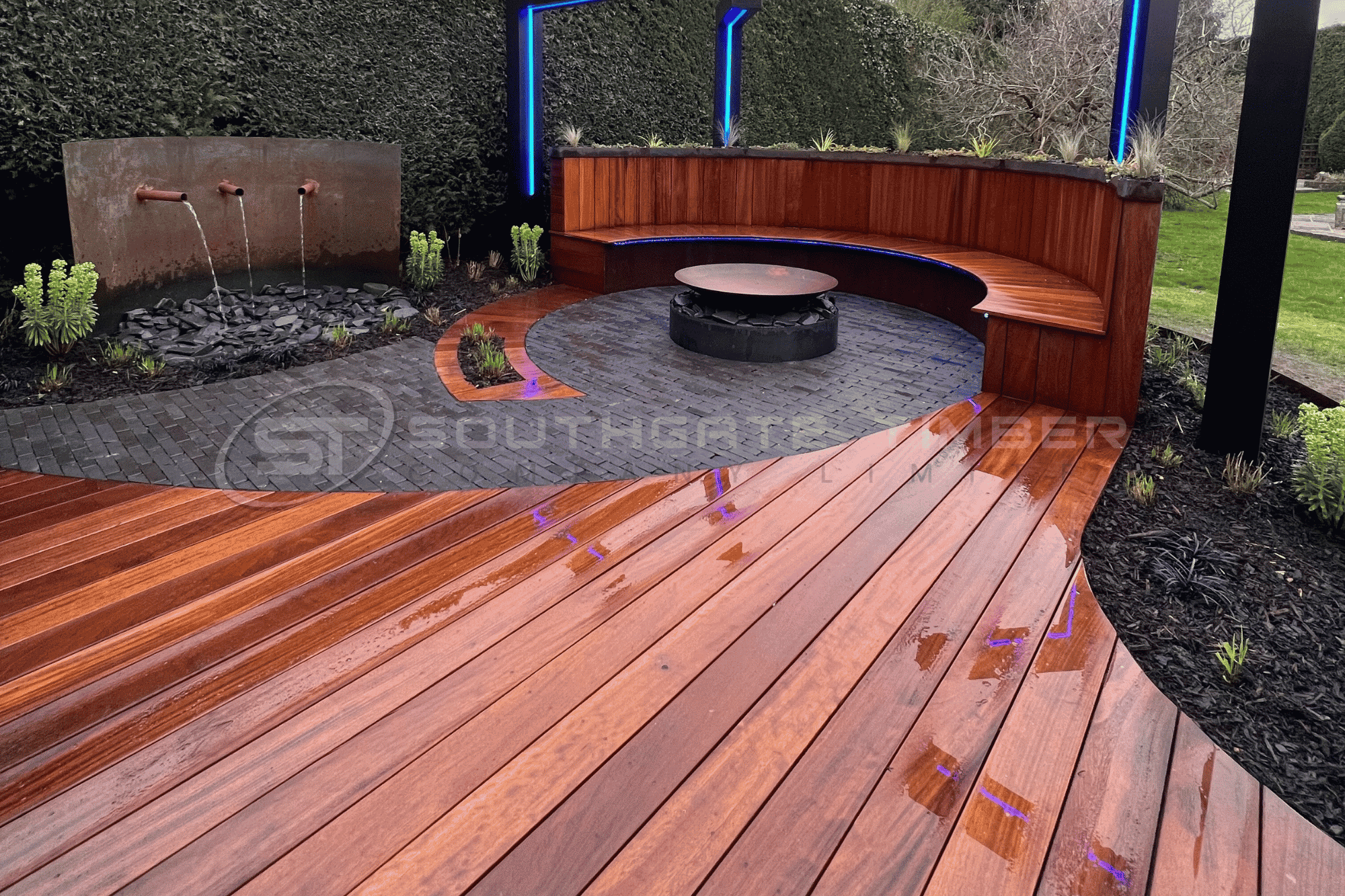 Timber decking in an irregular shape showing area-based calculation method for complex layouts