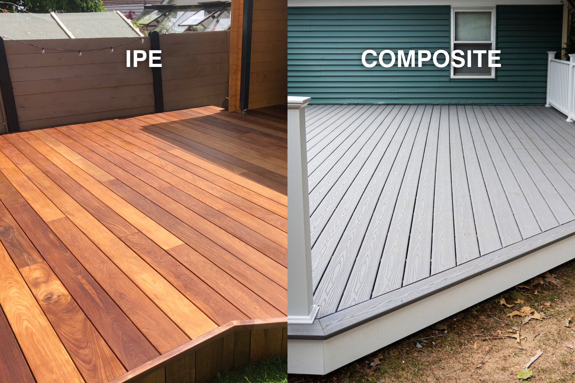 Side by side comparison of Ipe hardwood decking and composite decking showing colour, texture and finish differences
