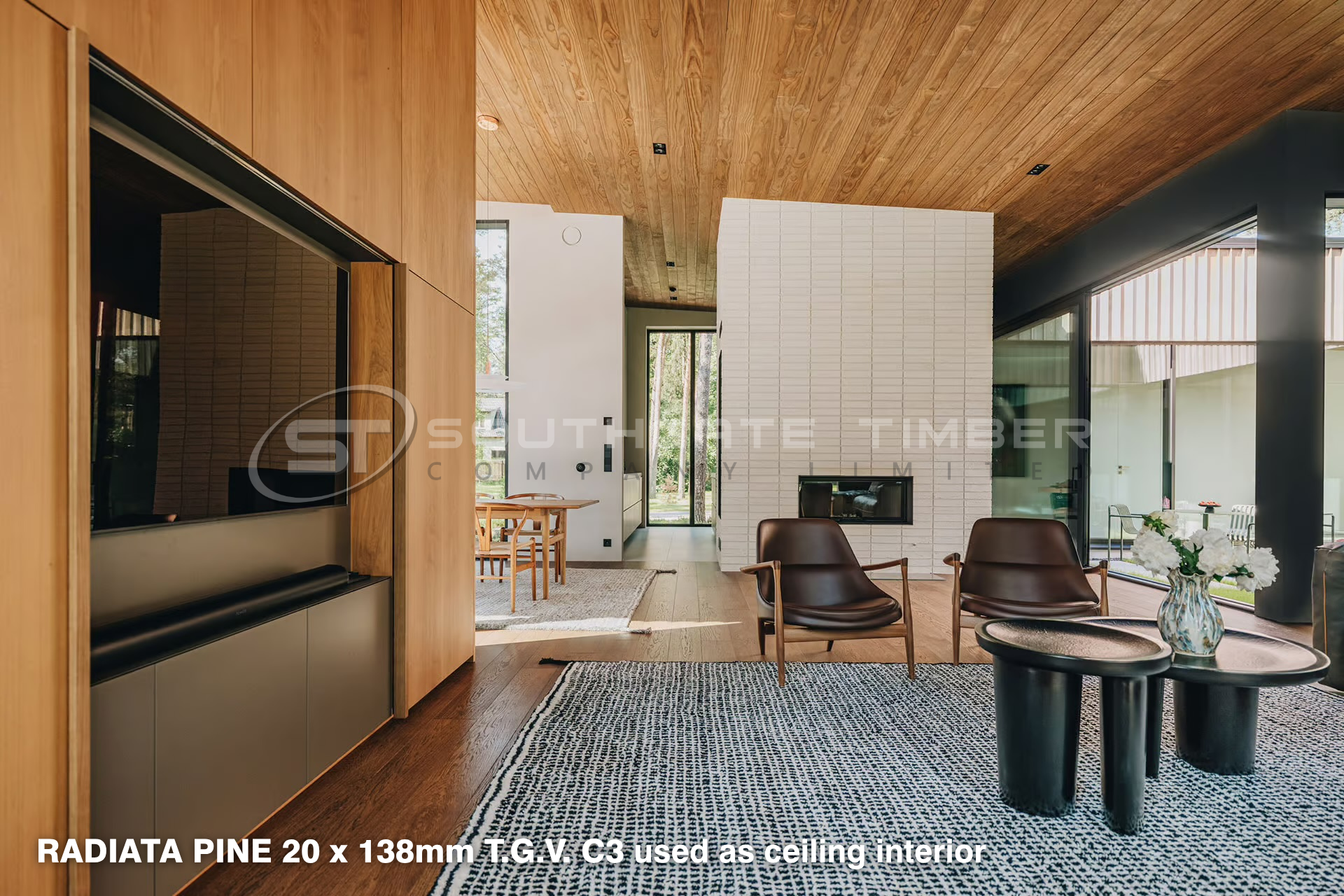 Thermory Radiata Pine TGV C3 interior ceiling cladding showcasing the natural character and warm tones of thermally modified timber.