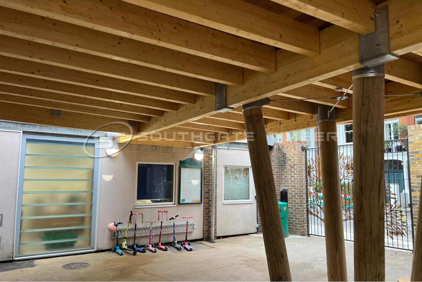     Raised timber decking subframe with open airflow and ventilation underneath the structure