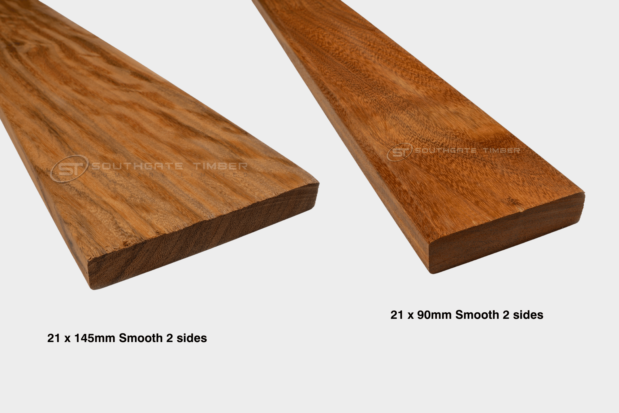 Tali hardwood decking boards in 21x145mm and 21x90mm, smooth 2 sides profile