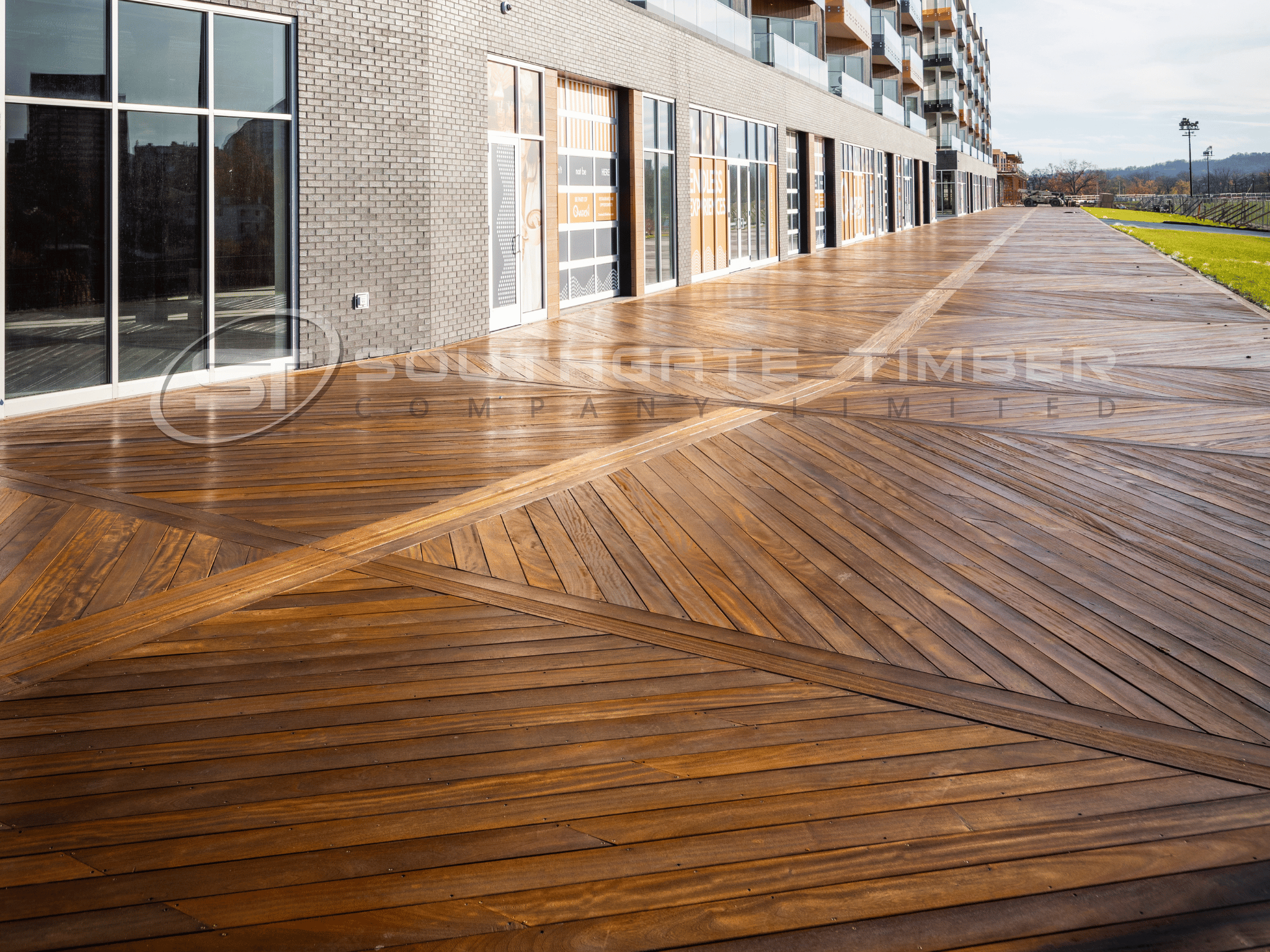 Tali hardwood decking installed across a large commercial terrace