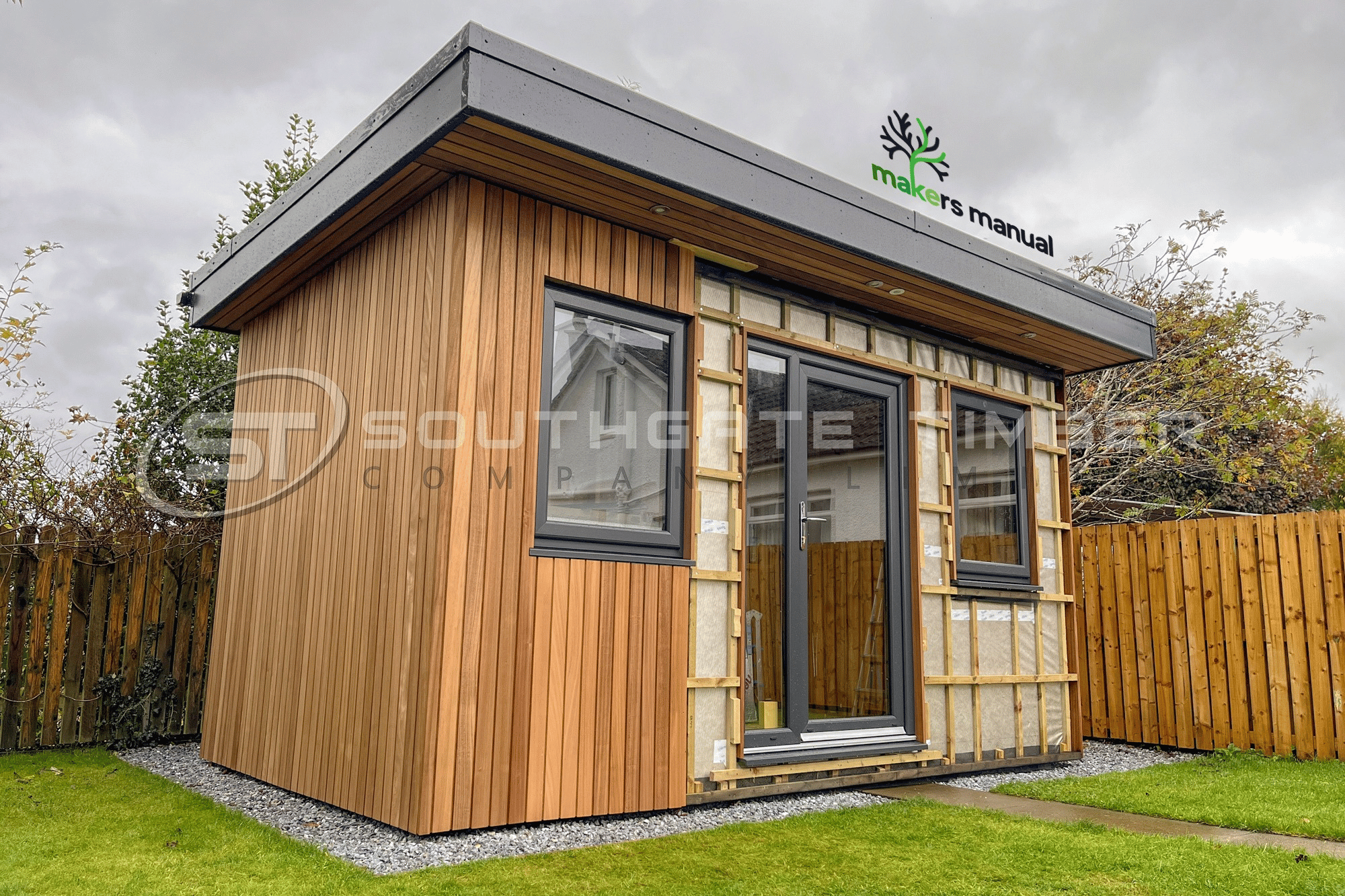 Thermo Ayous 20 x 95mm Channel Groove ST65.TA cladding installed vertically on a garden room