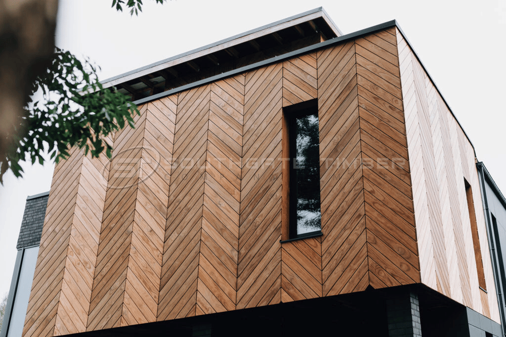 Thermally modified Radiata Pine timber cladding in chevron pattern on modern architectural home