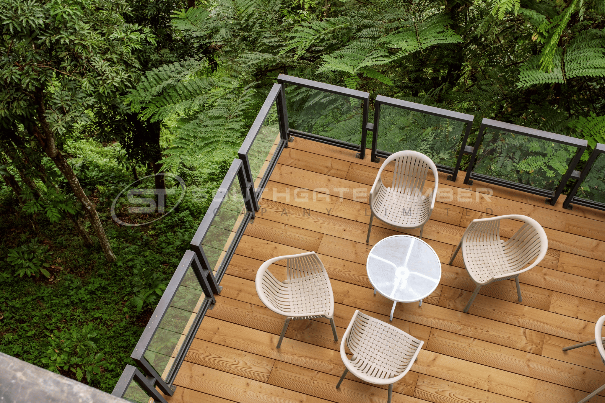 Thermory Spruce thermally modified timber decking showcasing the stability, durability and natural appearance of heat-treated timber.