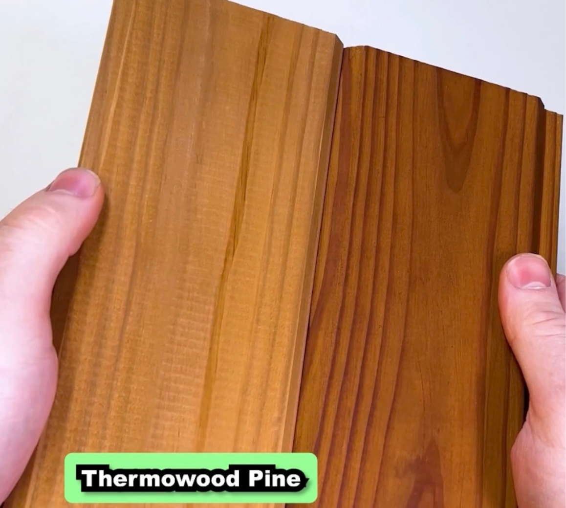Thermowood Pine cladding before and after treatment with Osmo 420 UV-Protection Oil