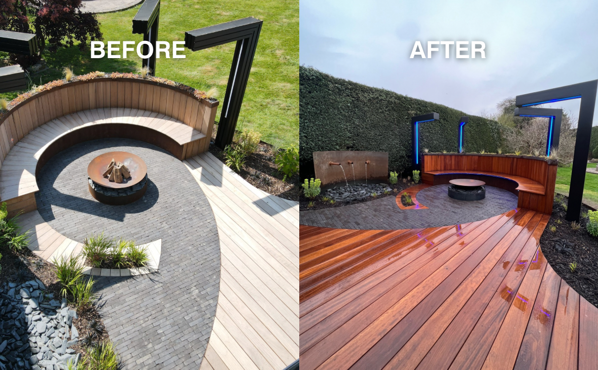 Before and after timber decking cleaning and oiling showing restored colour and finish