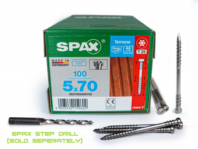 Spax Stainless 5.0 x 70mm x 100 box decking screw
