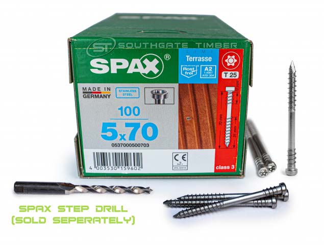 Spax Stainless 5.0 x 70mm x 100 box decking screw