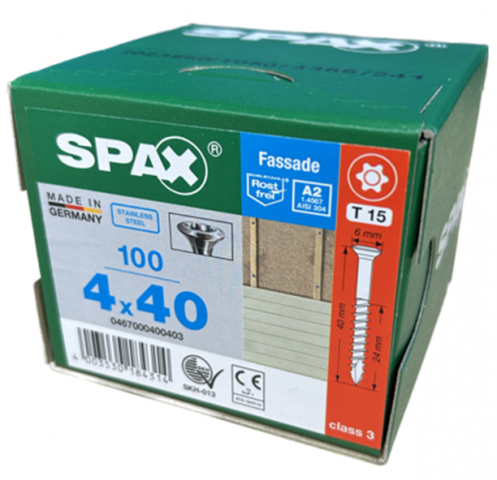 Spax Stainless 4.0 x 40mm x 100 box facade screw