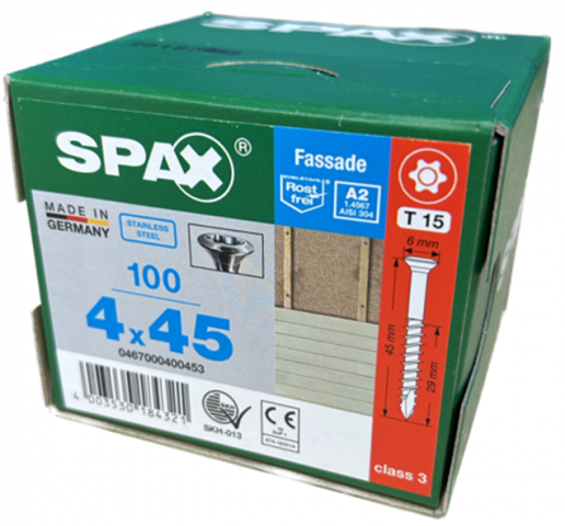 Spax Stainless 4.0 x 45mm x 100 box facade screw