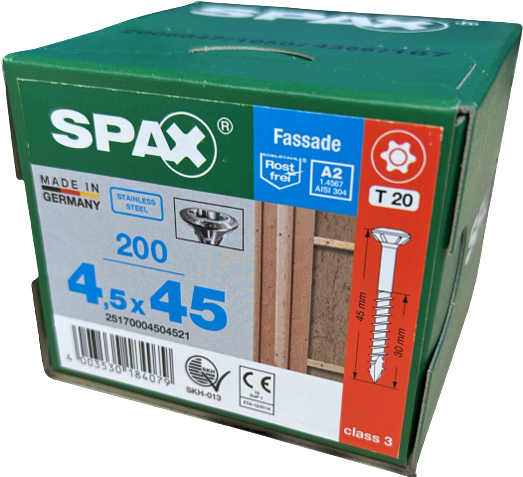 Spax Stainless 4.5 x 45mm x 200 box facade screw