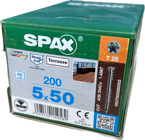 Spax Stainless 5.0 x 50mm x 200 box decking screw