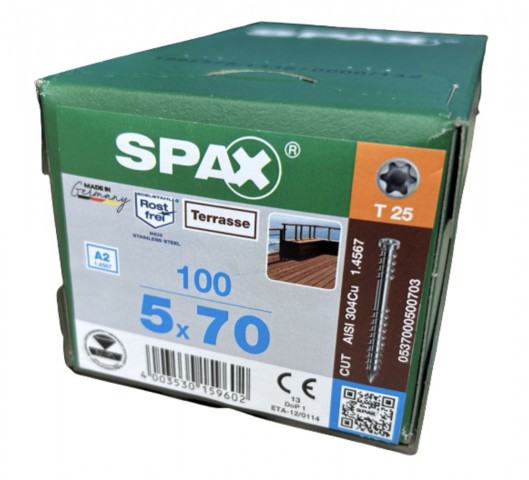 Spax Stainless 5.0 x 70mm x 100 box decking screw